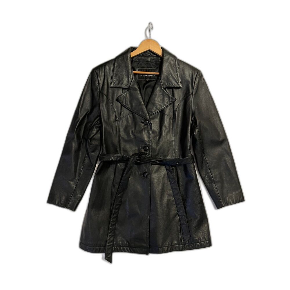 Wilson's Leather Women's Coat Black Belted Collared Button Front EUC XL